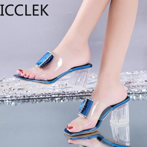 Clear High Heels Sandals Women New Summer Shoes Women Mules Metal Buckle Slides Peep Toe Transparent Female Shoes Square Buckle