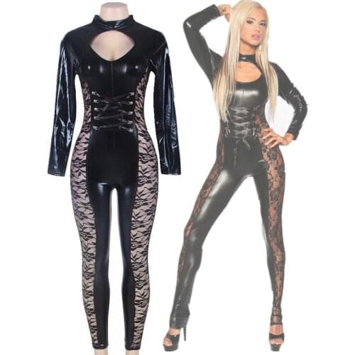Sexy wetlook Faux Leather Catsuit PVC Latex lingerie bodysuit Lace up body lingerie Clubwear fetish hot erotic Pole Dance Wear