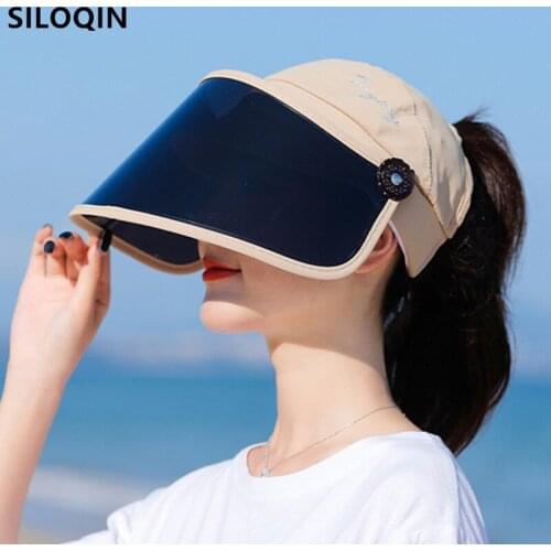 SILOQIN 2021 New Summer Womens Anti-UV Sun Hats Novelty Retractable Brim See-through Lens Empty Top Cap Adjustable Beach Hat