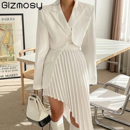 Gizmosy Casual White Two Piece Set For Women Notched Long Sleeve Blazer Jacket High Waist Irregular Hem Skirt Female Korean Sets