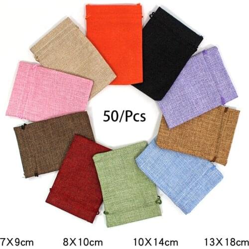 50Pcs/lot Drawstring Natural Burlap Bag Jute Gift Bags Multi Size Jewelry Packaging Wedding Bags with Candy Bag