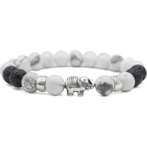 8mm yk23 silver adjusted Charm Elephant white Howlite Bracelet black volcanic lava Stone bead essential oils diffuser women