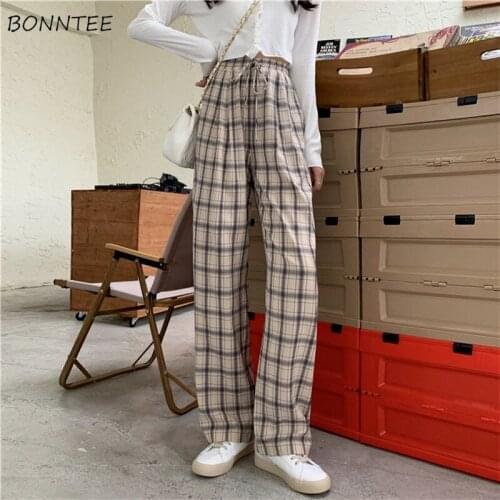 Spring Pants Women Students Clothes Full Length Trousers Bf Female Leisure Straight Korean Style Plaid All-match Ins Streetwear