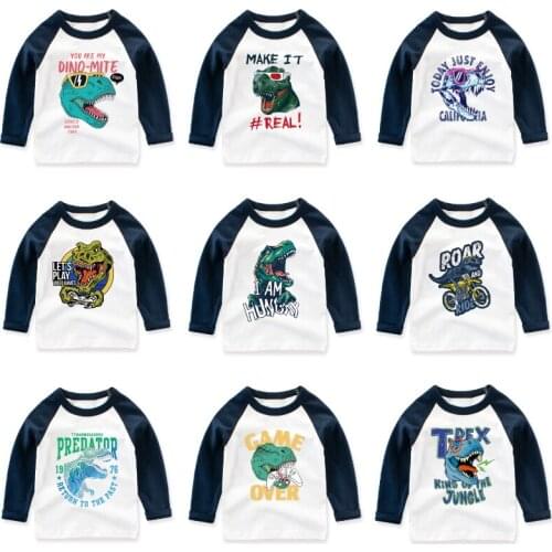 Kids Boys Long Sleeve Autumn T-Shiotr Cute Dinosaur Print Children Toddler Hit Color Pullover Top Clothes