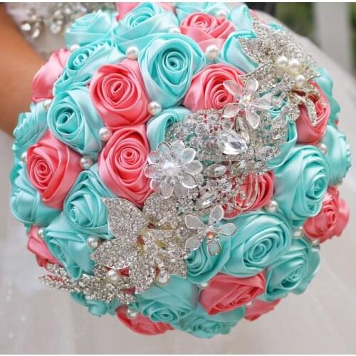 DIY brooch bouquet Silk Bride Bridal Wedding Bouquet Bridesmaid cyan-blue & coral Cloth roses Customizable diamond bouquets