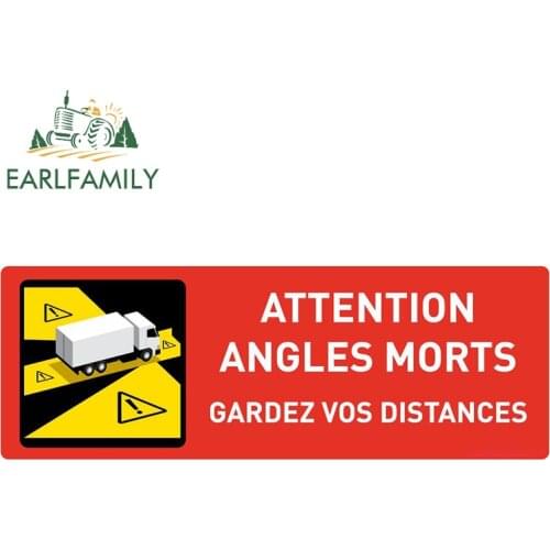 EARLFAMILY 13cm x 7.6cm Attention Angles Morts Car Sticker Keep A Distance From The Truck Decals Bumper Truck VAN RV Decor