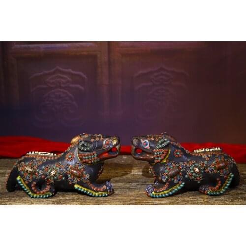 Home Decor 9"Tibet Temple Old Natural meteorite Filigree mosaic Gem Dzi Bead Tiger statue A pair Town House Exorcism