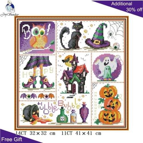 Joy Sunday Halloween DA520 Counted Stamped Home Decor Witch Pumpkin Black Cat Owl Needlework Embroidery DIY Cross Stitch kits