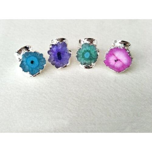 5pcs silver plated Natural geode stone Rainbow Color rings,Dye Color Sun Flower Quartz Stone Rings,Jewelry Finger Ring R24