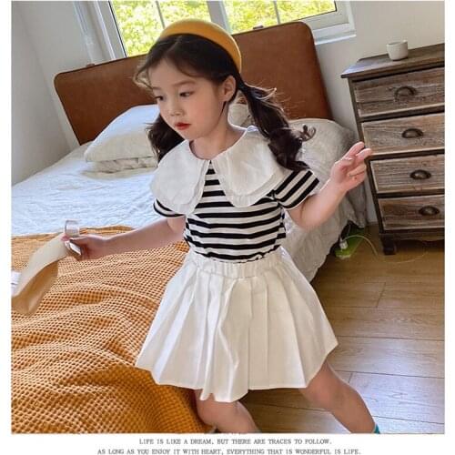 Summer Toddler Girl Sets Casual Color Striped Short Sleeve T-shirt Skirts Doll Collar Kids Clothing 2 3 4 5 6 Y Baby Girl 2pcs