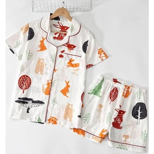 Summer Japanese Simple Pyjamas Women 100% Cotton Short Sleeves Ladies Pajamas Sets Shorts Cute Cartoon Sleepwear Womens Homewear