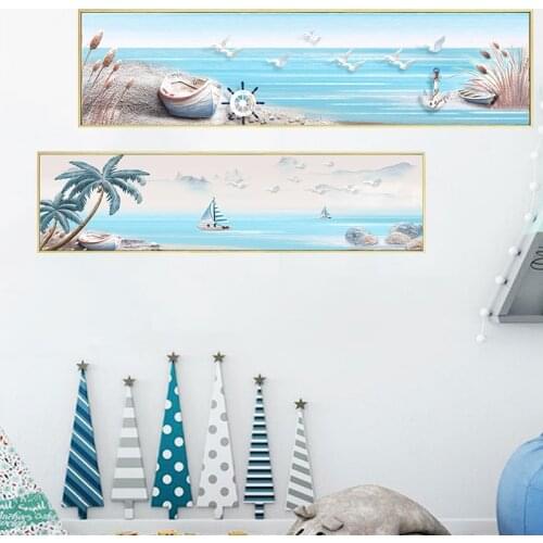Nautical Landscape Seagull Blue Sea Poster Shell Seaweed Wall Art Ocean Canvas Painting Prints Pictures for Living Room Décor