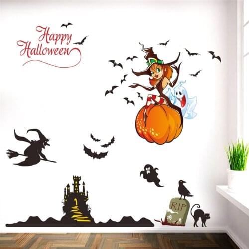 Funny Halloween Pumpkin Black Cat Witch Bats Ghost Wall Stickers For Shop Home Mural Happy Festival Kids Room Wal Art Decals