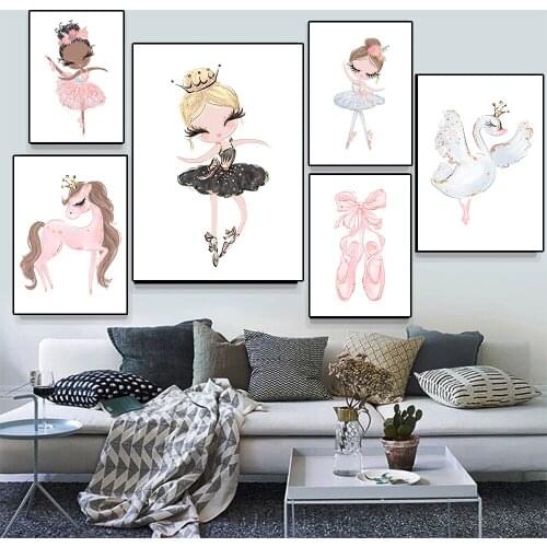 Pink Unicorn Swan Princess Ballet Girl Wall Art Canvas Painting Posters and Prints Nordic Kids Girls Room Decoration Pictures