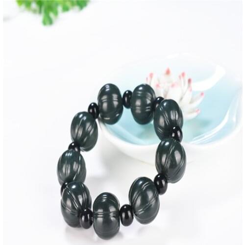 Natural Hetian Qingyu Lotus and pumpkin Bead Jade Bracelet Jewelry Fine Jewelry Lucky Safety Auspicious Amulet Jade Bracelet