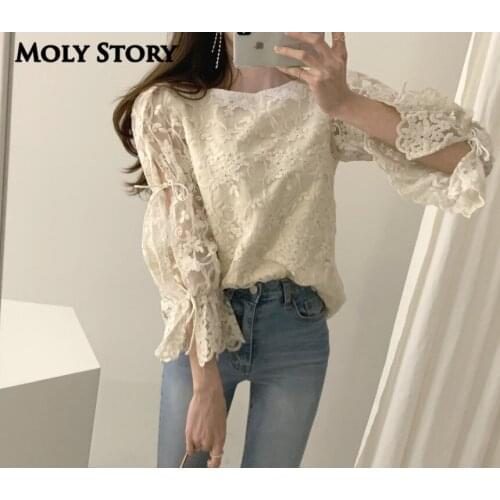 New Sweet Puff Sleeve Lace Top Backless Shirts O Neck Kawaii Shirts Ladies Tops