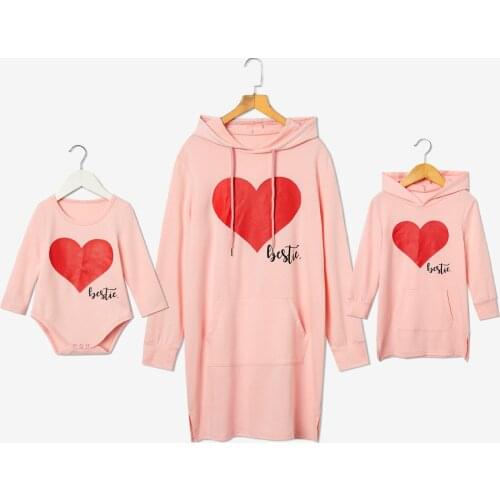 Mom and Daughter Matching Hooded Tops Love Print Family Matching Outfit Long Sleeve Mid-length Baby Girl Sweater Mini Me Clothes