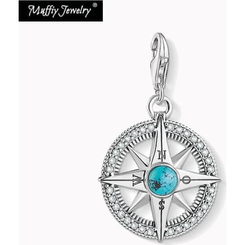 Charms Pendant Compass 925 Sterling Silver With Turquoise Fit Bracelet Necklace 2021 Brand New Vintage Fine Jewelry Accessories