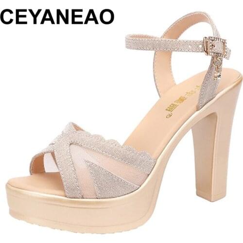 CEYANEAOGold High Heel Sandals Women Summer Shoes Platform Hollow Mesh Model Show Sandals Open Toe Heels