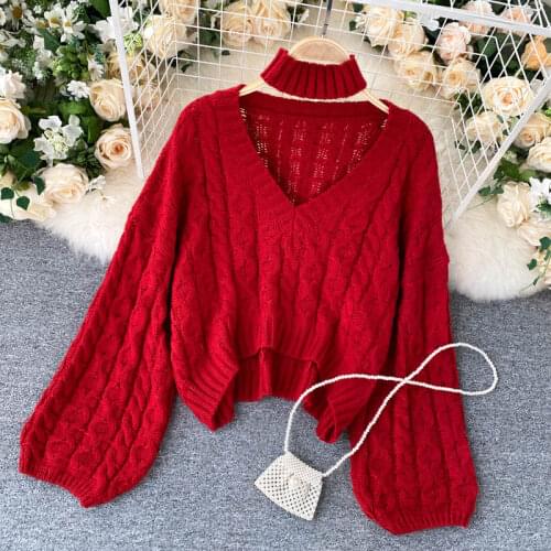 Sweater Women 2021 Autumn Winter Solid V Neck Pullover Sweaters Korean Style Knitted Long Sleeve Jumpers Casual Tops NW168