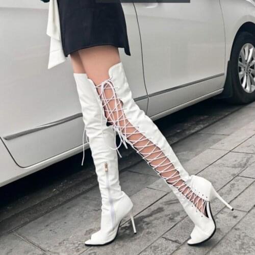 2021 Summer Long Boots Leather Fish Mouth Hollow Gladiator Sandals Super High Heel Strap Over The Knee Long Boots Large Size 46