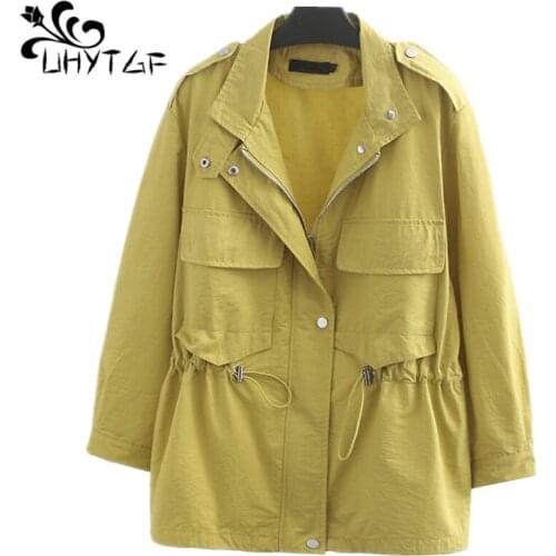 UHYTGF female trench coat Korean loose oversized tops outerwear long sleeve zipper casual spring autumn windbreaker womens 1501