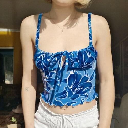Sexy Blue Print Straped Ruffle Women Camisole Elegant Slim Lace Up Female Tops Summer Streetwear Mini Navel Clothes 2021