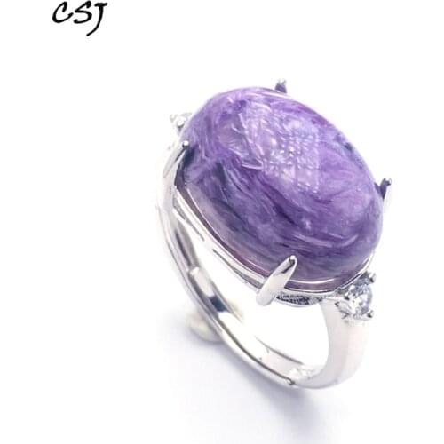 CSJ Natural Charoite gemstone adjustable Ring 925 Sterling Silver oval13*17mm Women and Lady Wedding Engagment Party Gift Box