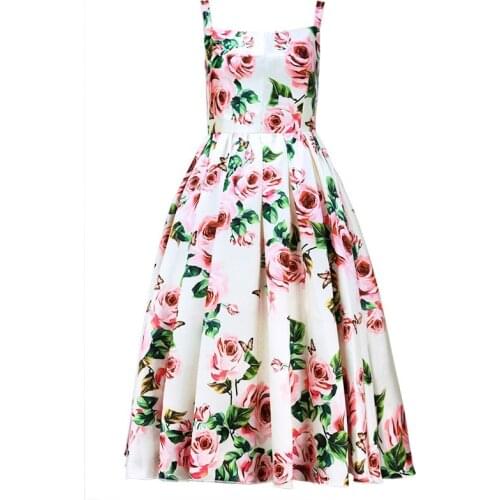 2020 Euramerican Spring Summer New Fashion Rose Print High Street Ball Gown Spaghetti Strap Medium Style Elegant Lady Dress