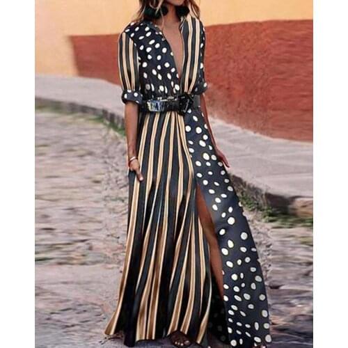 Ladies Holiday Wear Short Sleeve Dots Colorblock Stripes Plunge High Slits Summer Casual Womens Maxi Dress Sexy Party Robes