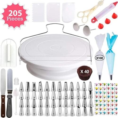 205pcs/set Cake Turntable Sets Multifunction Cake Decorating Kit Pastry Bags Fondant Tool Cream Nozzles Kitchen Baking Tools