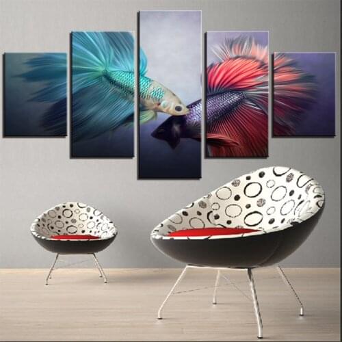 5 Pieces Carps Koi Canvas Oil Painting Blue and Red Fishes Posters Animals Pictures Abstract Goldfish Wallpapers Home Decor