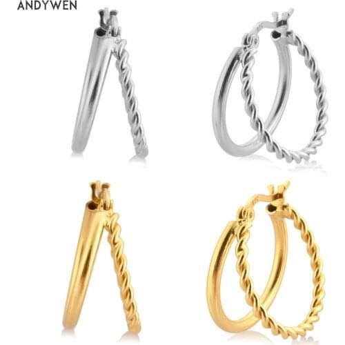 ANDYWEN 925 Sterling Silver Gold Big Twist Hoops Earring Two Line Round Circle Loops Huggies Rock Punk Women Fine Jewelry