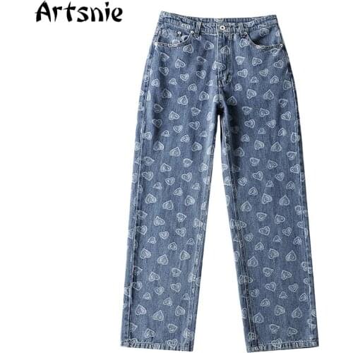 Artsnie Streetwear Heart Print Denim Pants Women Autumn 2021 High Waist Vintage Embroidery Jeans Blue Ladies Straight Long Pants
