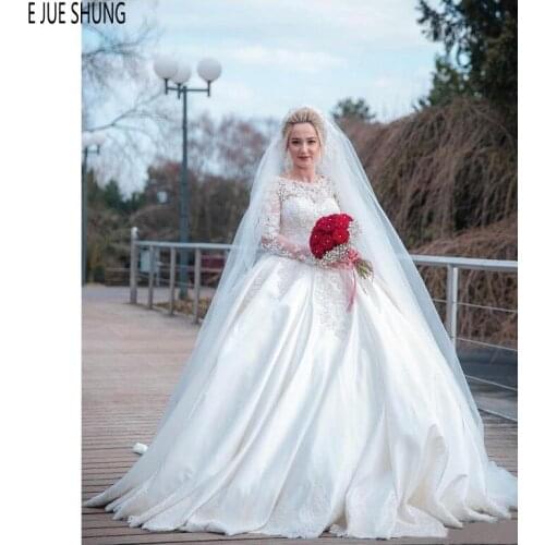 E JUE SHUNG Ball Gown Wedding Dresses O Neck Long Sleeves Lace Appliques White Satin Bridal Gowns Lace Up Back Bride dresses