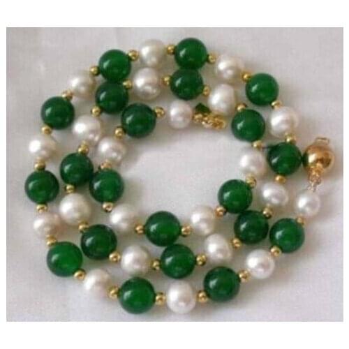 Free shipping ~$wholesale_jewelry_wig$ 7-8MM White Akoya Pearl & Natural Green Round Beads Necklace 18"