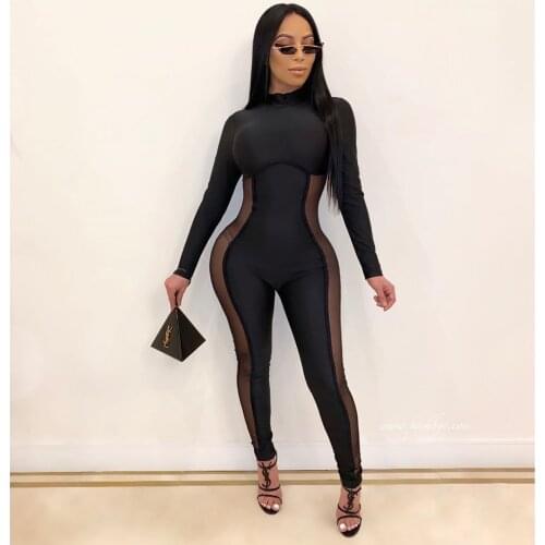 Body Ete Bodysuit Women Elegance Rhinestone Patchwork Mesh Bodycon Long Sleeve See Through Catsuits Moto Biker Female Jumpsuit