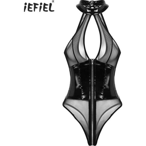 Sexy Women High Cut Thong Leotard Faux Leather Bodysuit Catsuit One Piece Sheer Mesh Transparent Bodysuit Female Pole Dance Wear