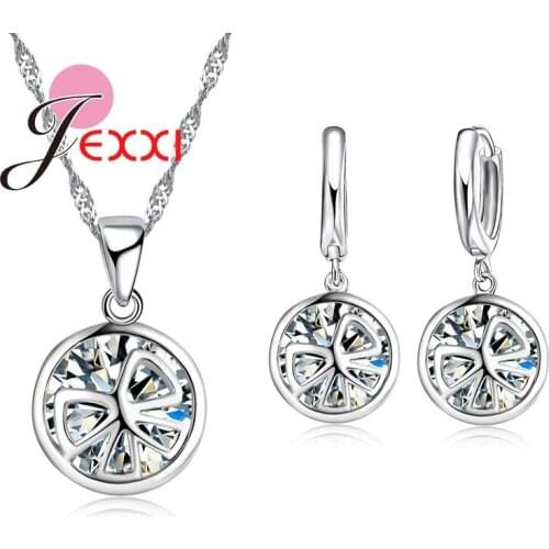 Fast Shipping Simple Style Zircon Crystal Stone Necklace & Earring Set Fashion Silver Jewelry Sweet Bowknot Women Pendant