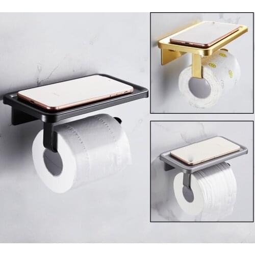 Black Wall Mounted Toilet Paper Holder Aluminium Tissue Paper Holder Roll Holder With Phone Storage Shelf Bathroom Accessories