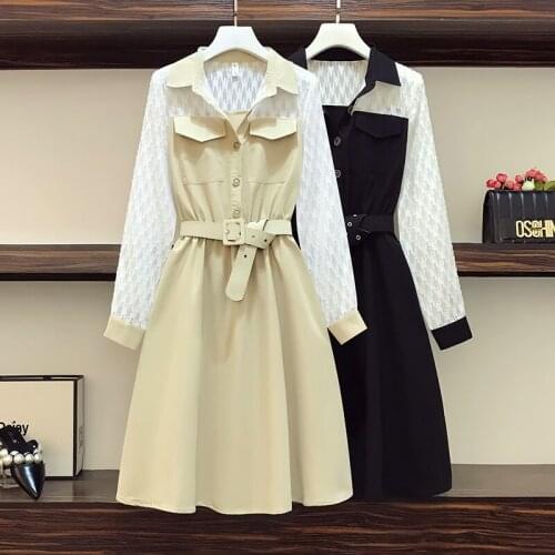 EHQAXIN Plus Size Women Elegant Dress Fall 2021 Turn-Down Collar White Chiffon Jacquard Long Sleeve Patchwork Loose A-Line Dress