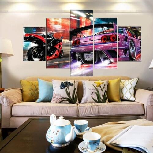 Car Race Neon Motorcycle 5 Pcs Canvas Picture Print Wall Art Canvas Painting Wall Decor for Living Room Poster