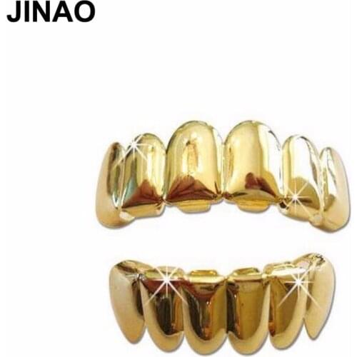 JINAO New Fit Gold Color Plated Hip Hop Teeth Grills Caps Top & Bottom Grill Set Gold Classic Grillz Ship from US