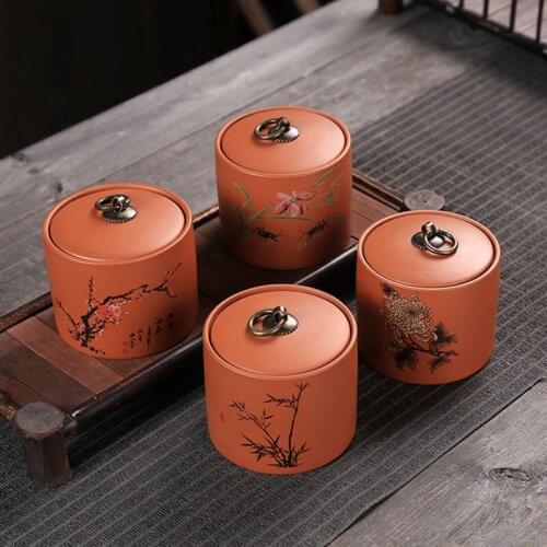 Ceramic Tea Jar with Plum Orchid Chrysanthemum Bamboo Pattern Pu'er Sealed Tea Caddy Storage Box Chinese Style