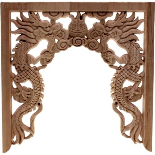 RUNBAZEF Chinese Niches Double Dragon Play Bead Floral Wood Carved Corner Applique Wooden Carving Decal Furniture Decor Crafts