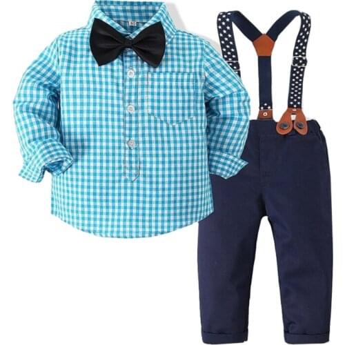 Baby Boys Suit Baby Boy Clothes With Bow Gentleman Plaid With Bow Shirt+Suspender Trousers Toddler Sets Infant Boy Clothing