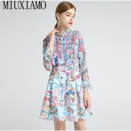 MIUXIMAO 2021 Spring Summer Butterfly Flower Print Lace Ruffles Full Sleeve Holiday Slim Elegant Midi Dress Women Vestidos