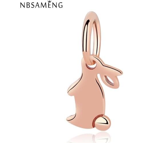 NBSAMENG 100% 925 Sterling Silver Bead Charm Cute Rosegold Rabbit Pendants Beads Fit Original Women Bracelets Jewelry