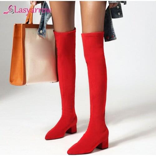 Lasyarrow 2020 New Women Stretch Suede Thigh High Boots Women Winter Sexy Fashion Black Red Over The Knee Boots Thick Heel Boots