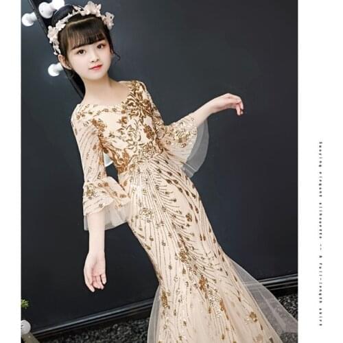 Kid luxury wedding dress children girl evening gold sequin bodycon trumpet mermaid party elegant cocktail chinese style dress